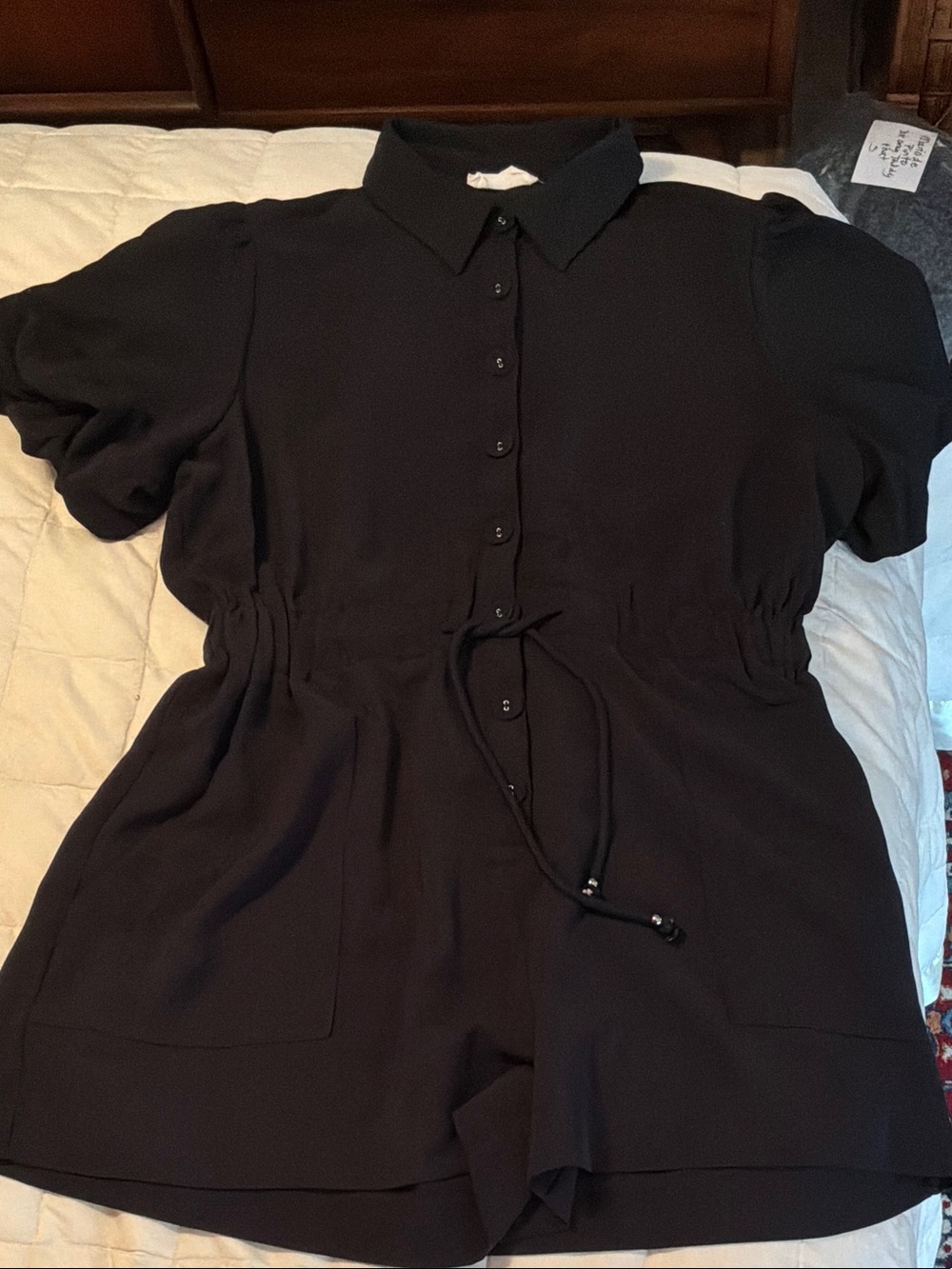 First Love by Lovelyn Black Button-Front Short Sleeve Romper with Drawstring